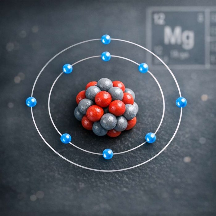 Composants de l’atome de magnésium : noyau, protons et électrons